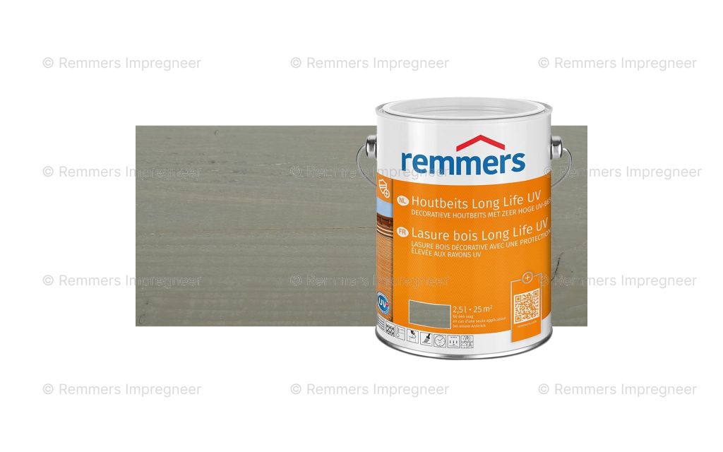 Proef op Douglas hout, Transparante Houtbeits Long Life UV Olijfgrijs, 2,5 liter verpakking