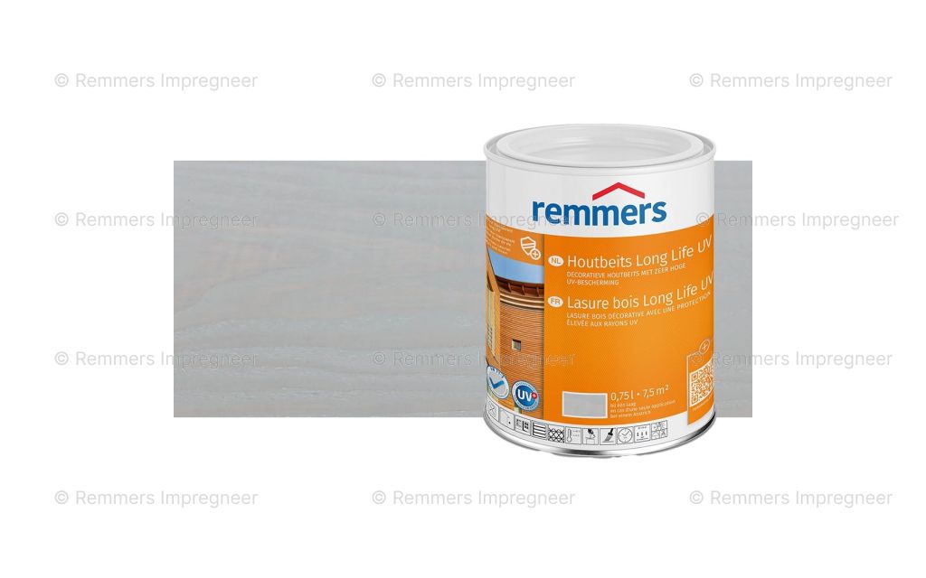 Proef op Douglas hout, Transparante Houtbeits Long Life UV Venstergrijs, 2,5 liter verpakking